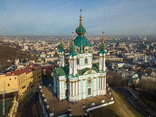 Aerial drone view. St. Andrew's Church in Kiev in early spring on a sunny day.