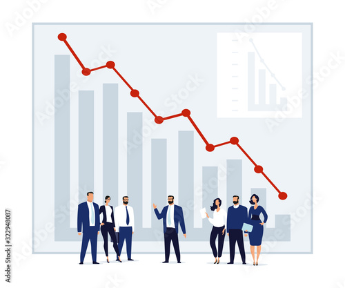 A group of people is standing in front of a fall chart. Conceptual illustration of teamwork, global economic crisis, ruin, failure on the stock exchange. Flat vector illustration with tiny people