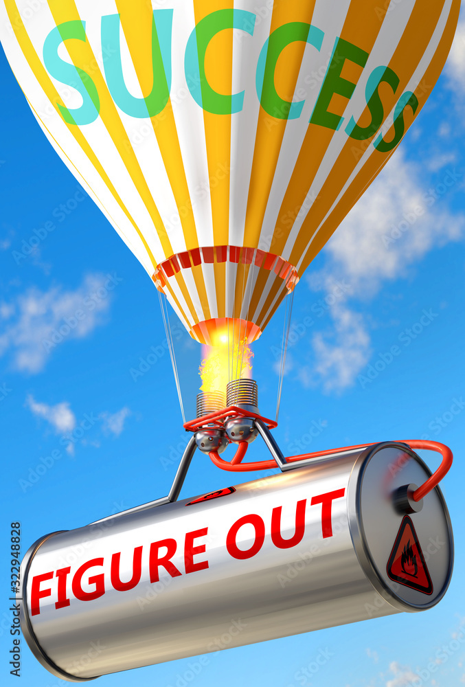Fototapeta premium Figure out and success - pictured as word Figure out and a balloon, to symbolize that Figure out can help achieving success and prosperity in life and business, 3d illustration