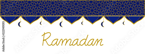 Hand drawing. Islam pattern design with word Ramadan on white background. Dark blue and gold color. Copy space for any text design. Can be use for card, banner, advertising. photo