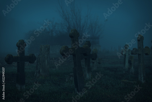 Graveyard in fog