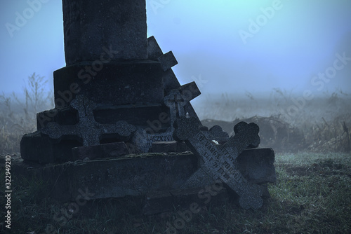 Graveyard in fog