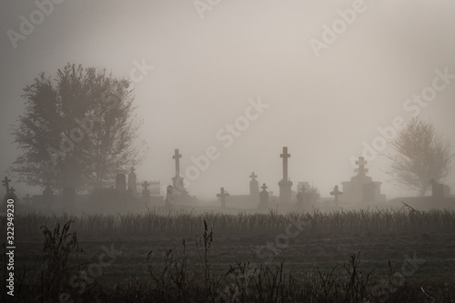 Graveyard in fog