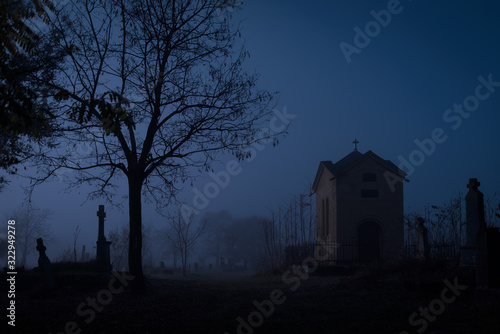 Graveyard in fog