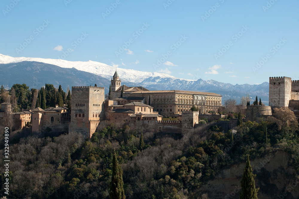 Granada Spain, skyline with the Alhambra and Sierra Nevada mountains