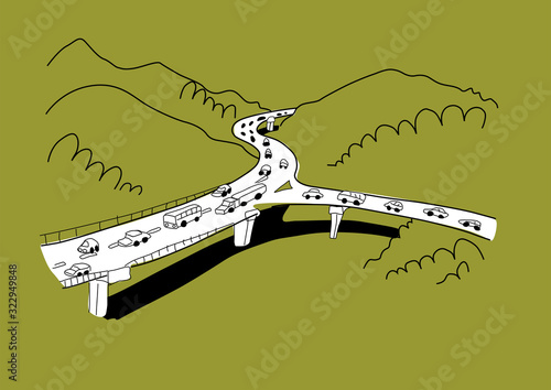 Highway with cars across a tree landscape. Traffic jam. Cartoon hand drawn style vector illustration.