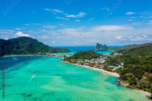 Aerial drone photo of iconic tropical beach and resorts of Phi Phi island, Thailand © netsay
