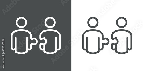 Símbolo trabajo en equipo. Icono plano lineal hombres como piezas de puzzle en fondo gris y fondo blanco