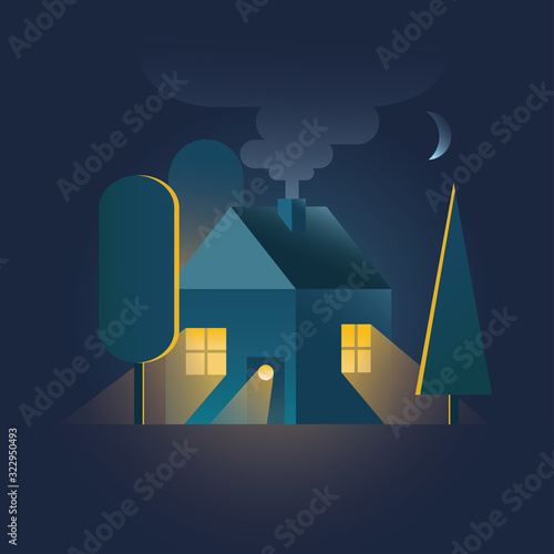 Home. House in night time with warm light falling through windows among trees, smoke from chimney and moon above. Flat style. Inspiration cozy home. Hand drawn vector illustration