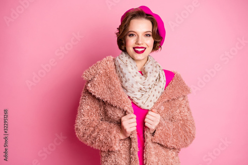 Portrait of lovely sweet cheerful girl enjoy fun winter holidays look good wear pastel clothes bright jumper fuchsia lipstick isolated over pink color background photo