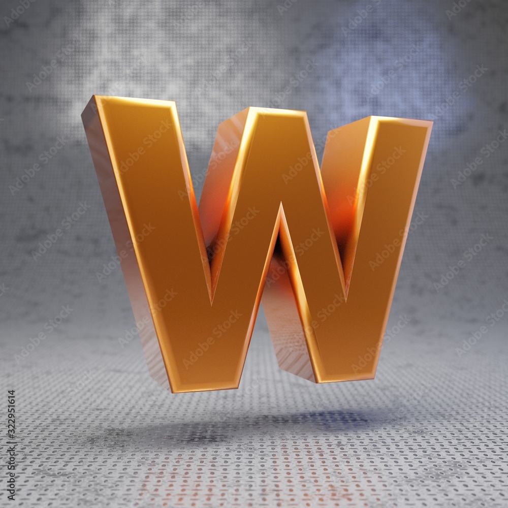 Golden letter W uppercase on metal textured background. Golden letter W uppercase on metal textured background.