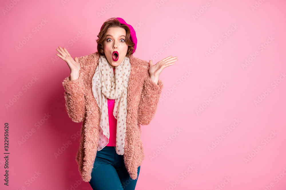 Portrait of crazy astonished cute french girl stare stupor about black friday novelty scream wear pastel outerwear shawl blue pants trousers isolated pastel pink color background Portrait of crazy astonished cute french girl stare stupor about black friday novelty scream wear pastel outerwear shawl blue pants trousers isolated pastel pink color background