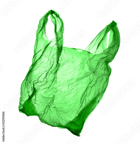Green plastic bag on white background. Isolated