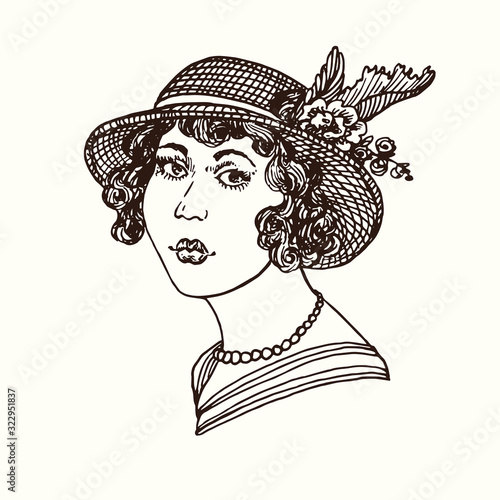 Vintage gravure 1920s style fashionable girl portrait in hat with flowers, hand drawn doodle, drawing, sketch illustration, design element