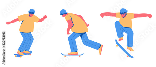 Skateboarding teen collection. Young man riding on a skateboard. 