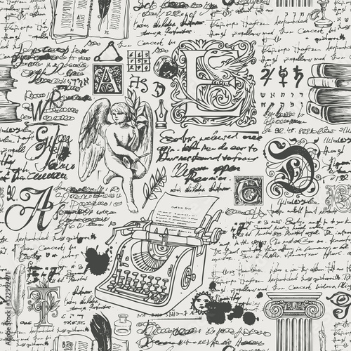 Vector seamless pattern on the theme of writers and literature. Abstract background with illegible handwritten notes and hand drawn sketches. Suitable for Wallpaper, wrapping paper, fabric