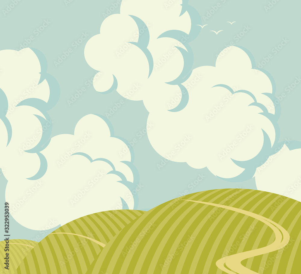 Vector landscape with green hills, road and sky with clouds. Decorative illustration or background in cartoon style. Vector landscape with green hills, road and sky with clouds. Decorative illustration or background in cartoon style.