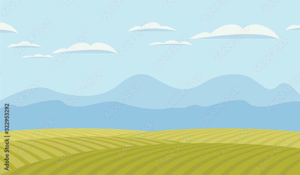 Vector landscape with green fields, mountains and sky with clouds. Decorative illustration or background in flat style.