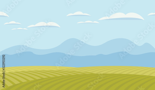 Vector landscape with green fields, mountains and sky with clouds. Decorative illustration or background in flat style.