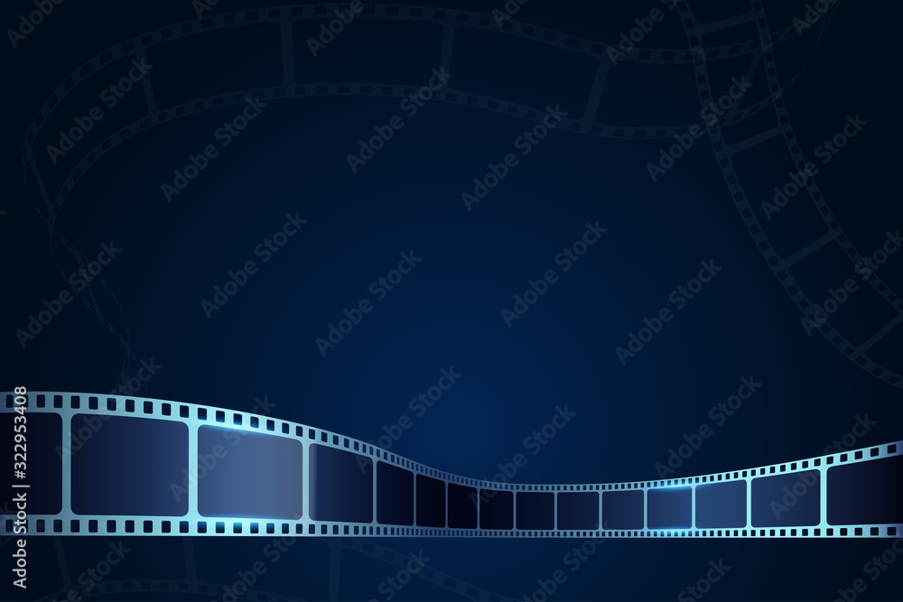 3D cinema film strip in perspective. Vector template cinema festival with place for text. Movie design with cinema film strip for festival, brochure, poster, banner or flyer.Film entertainment concept