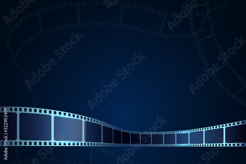 3D cinema film strip in perspective. Vector template cinema festival with place for text. Movie design with cinema film strip for festival, brochure, poster, banner or flyer.Film entertainment concept