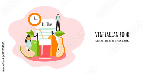 Dieting concept banner with characters. Healthy vegetarian food, cute woman and man.