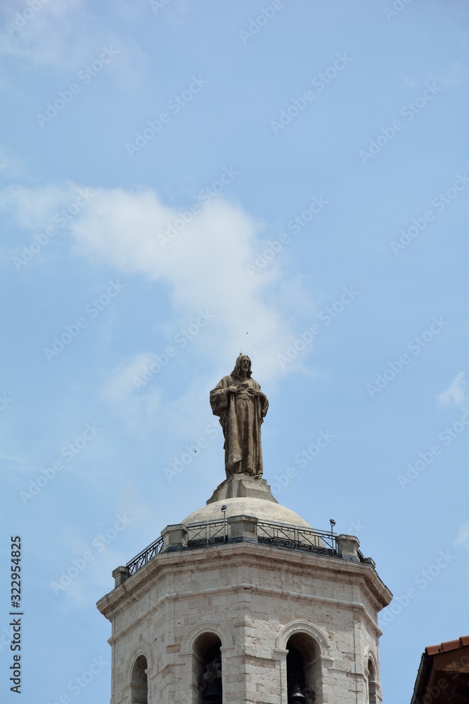 tower of cathedral with statue in Valladolid Spain