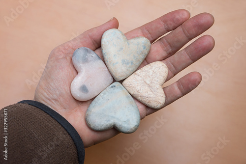 Принти на полотні female hand with four-leaf soapstone clover, wooden background