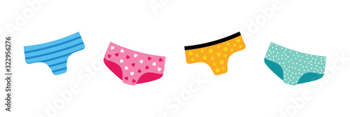 Set, collection of colorful cartoon style panties, underwear. Vector icons.