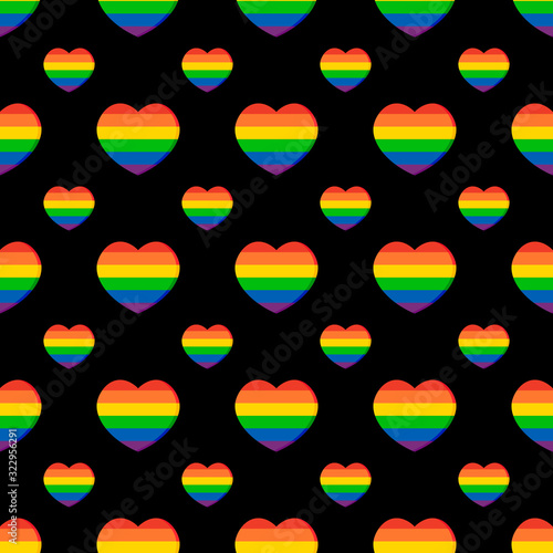 Vector seamless pattern background with colorful striped LGBTQ+ style hearts for pride month.