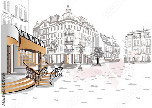 Series of backgrounds decorated with old town views and street cafes.    Hand drawn vector architectural background. 