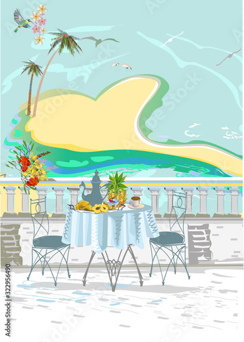 Series of relax summer backgrounds with sunlight and sea beach. Island in the form of heart in the ocean. Hand drawn illustration.