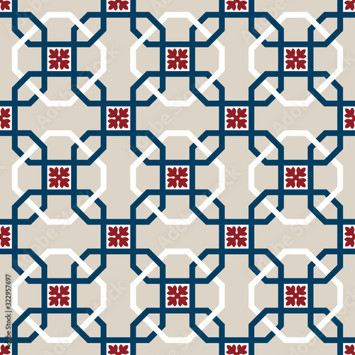 Decorative pattern for the background, tile and textiles. It is assembled from modular parts. Vector. Seamless.