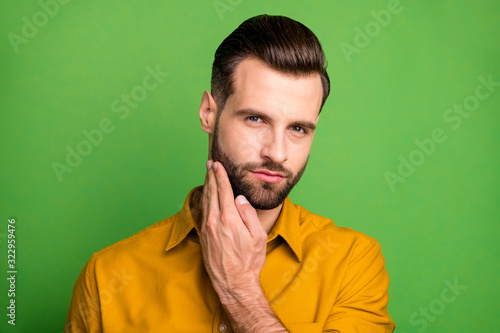 Close-up portrait of his he nice attractive content brutal virile serious bearded guy touching bristle isolated over bright vivid shine vibrant green color background