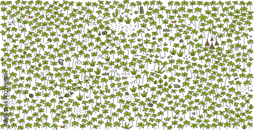 Palm trees forest. Adventure pattern background. Find treasures in the forest. Cartoon vector. All over print.