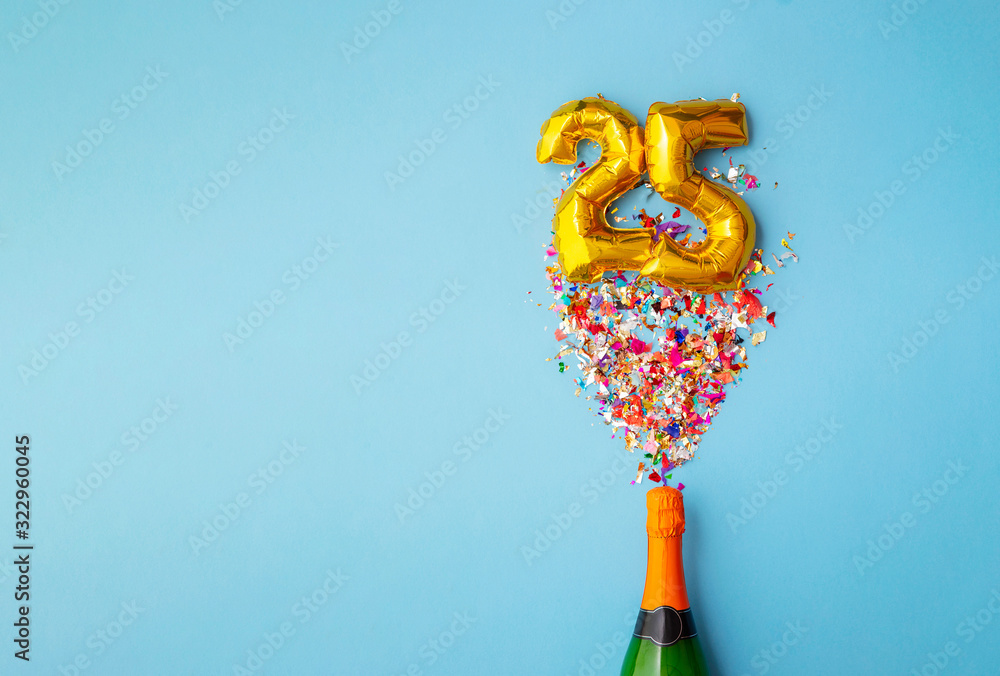 25th anniversary champagne bottle balloon pop - obrazy, fototapety, plakaty 