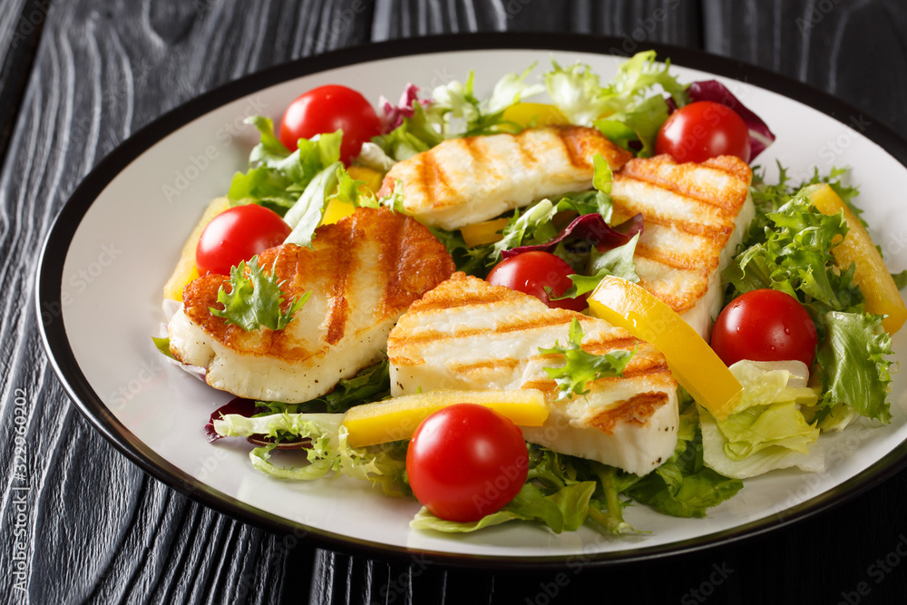 Tasty snack salad Grilled halloumi cheese filed with fresh vegetables close-up on the plate. horizontal