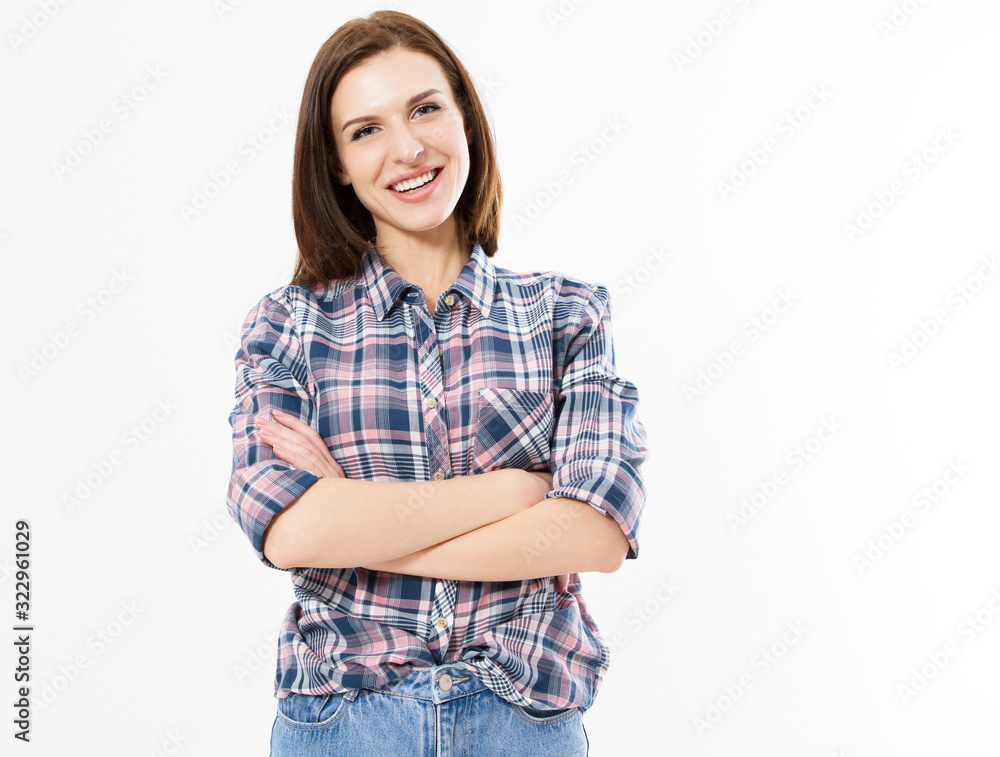 Casual friendly girl with crossed arms isolated on white, Woman crossed arms standing against white. Confident pose Casual friendly girl with crossed arms isolated on white, Woman crossed arms standing against white. Confident pose