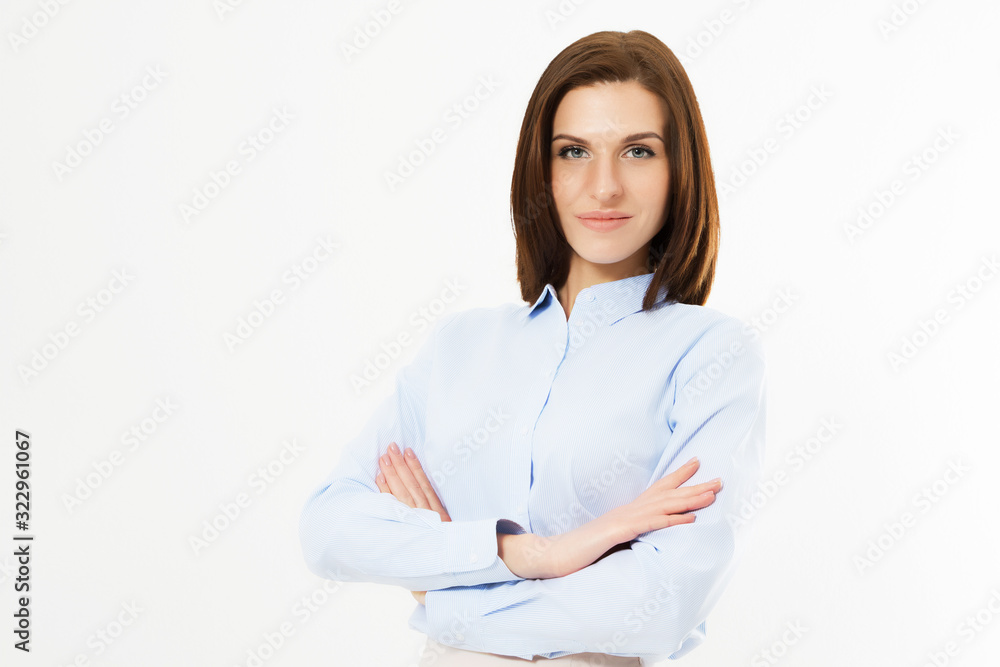Portrait of smiling business woman with crossed arms, isolated on white background copy space Portrait of smiling business woman with crossed arms, isolated on white background copy space