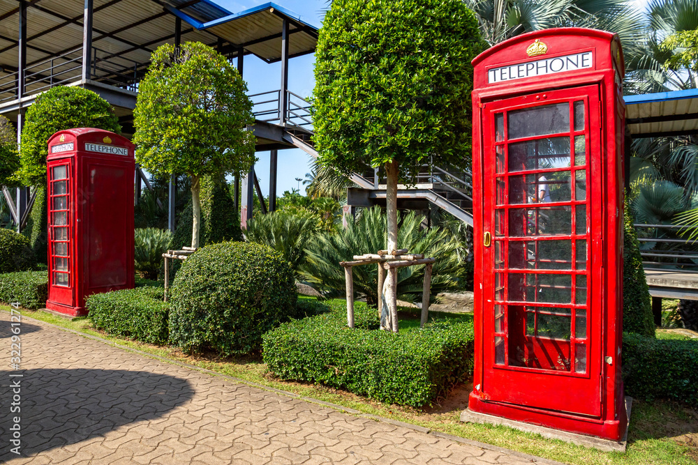 English phone booths in Nong Nooch Tropical Park, Pattaya Thailandnd English phone booths in Nong Nooch Tropical Park, Pattaya Thailandnd