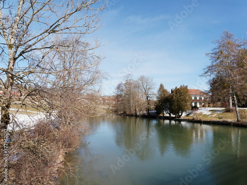 Gmund am Tegernsee in Upper Bavaria (Oberbayern) seen from Mangfall river in winter