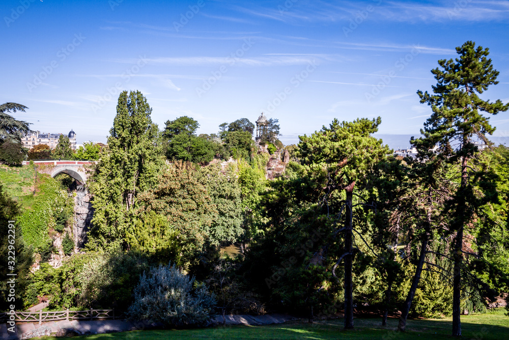 Sibyl temple and pond in Buttes-Chaumont Park, Paris