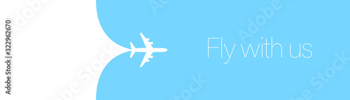 Airplane opening wide panorama background behind itself. Simple stylish background for air travel, cruises, tours. Business card, banner for a trip abroad on vacation. Airport advertising.
