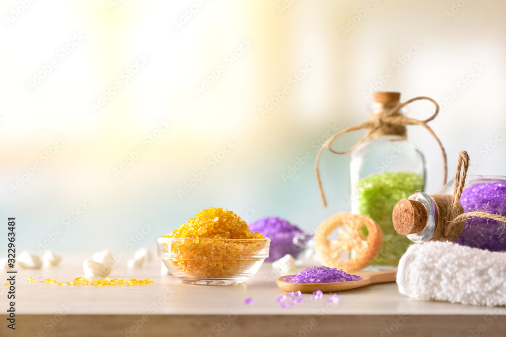 Obraz premium Products for body wellness on wooden table spa background