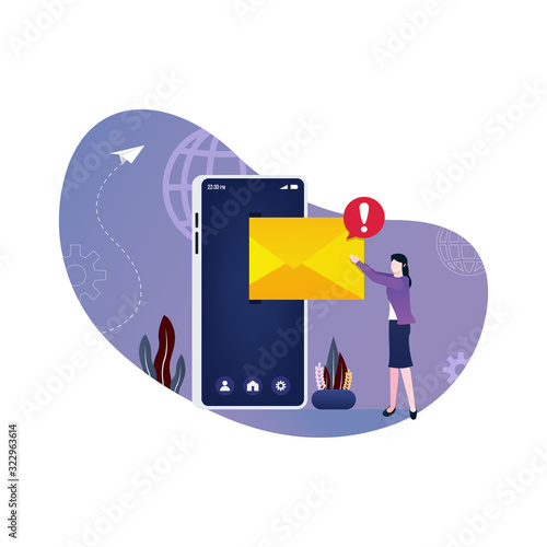 woman pull out mail from smartphone concept. Working process, New email message, mail notification. Social network. New incoming message, sms, spam. email marketing. vector illustration
