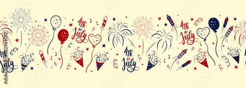 Fun hand drawn 4th July party horizontal seamless pattern, great for banners, wallpapers, textiles, wrapping, cards - vector design