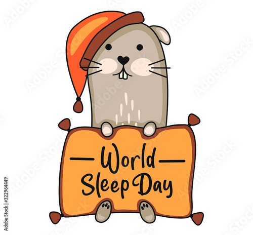 Good night lettering. Ferret in nightcap with pillow. Moon and night sky. Vector stock illustration. 