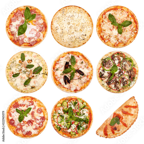 Big set of the best Italian pizzas isolated on white background. Pizza Al Salmon  carbonara  Quadro Formaggi  Hawaiian  Pizza Mariner  Calzone  Pepperoni  Pizza Florence   Pizza Melanzana