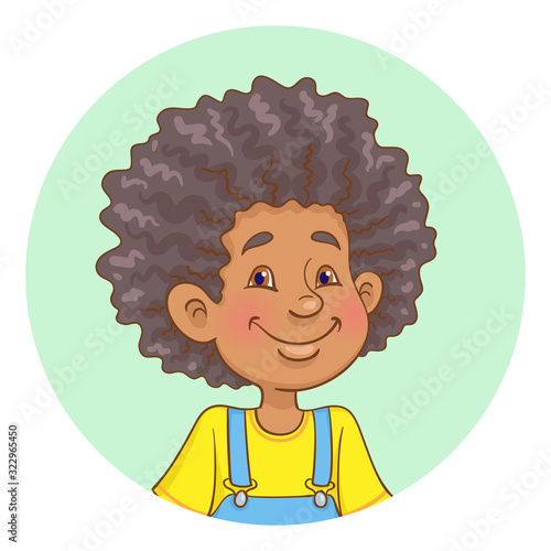 African-American funny boy smiling. Avatar icon in the circle. In cartoon style. Isolated on white background. Vector illustration.