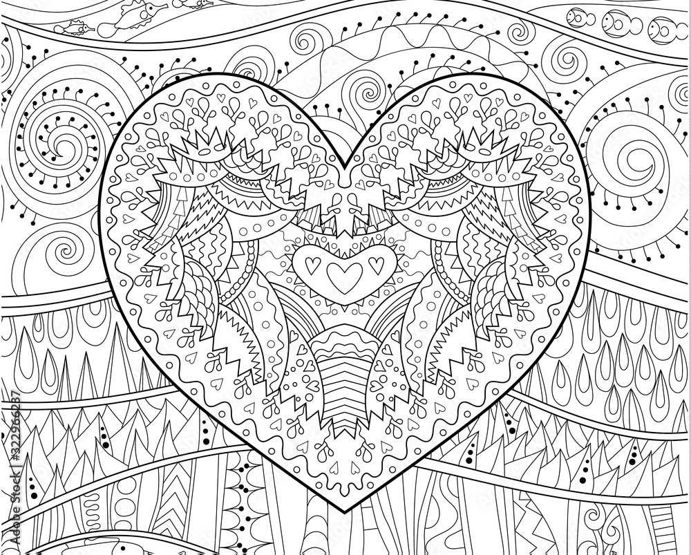 Coloring pages for adult with beautifull patterned heart for Valentine's Day
